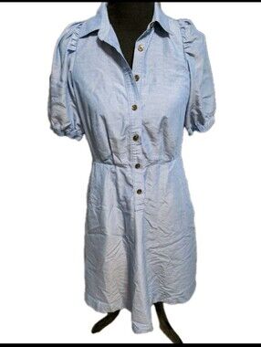 Ann Taylor Blue Cotton Linen Short Sleeve Shirtdress with Pockets Size Small